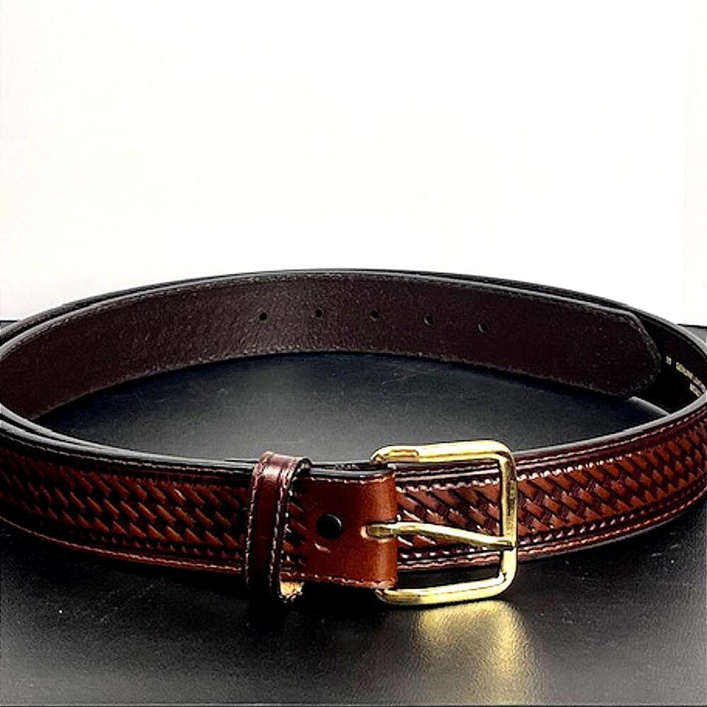 Schmidt Embossed Leather Belt with Brass Gold‎ Buckle Men's Sz 50